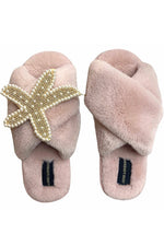 Pink Fluffy Slippers With Pearl & Gold Starfish