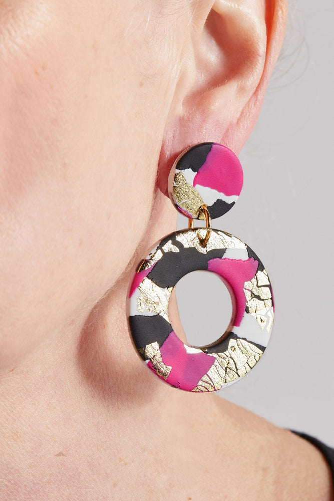 Strike Out Ageism Charity Pink, Black & Gold Large Earrings - No Shrinking Violet at The Bias Cut