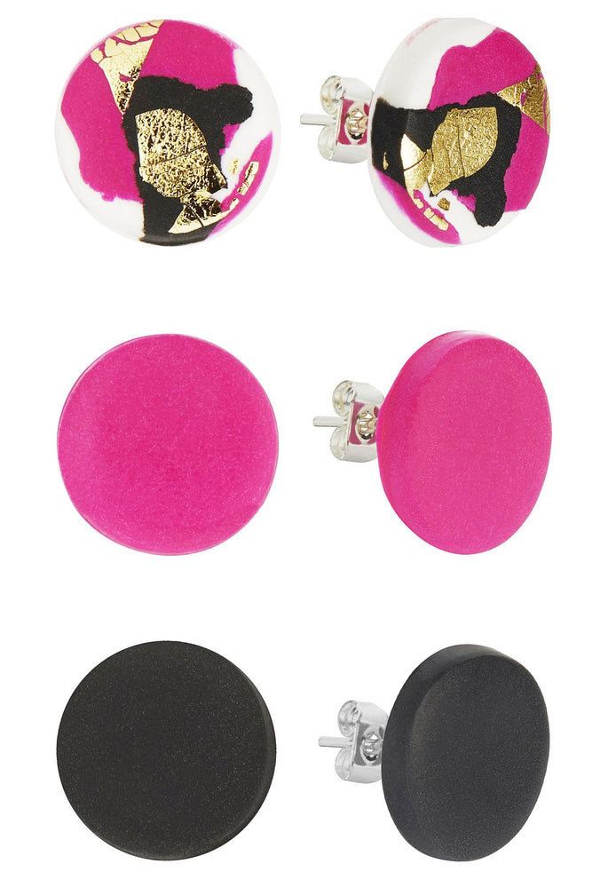 Strike Out Ageism Charity Pink, Black & Gold Set Of 3 Stud Earrings - No Shrinking Violet at The Bias Cut