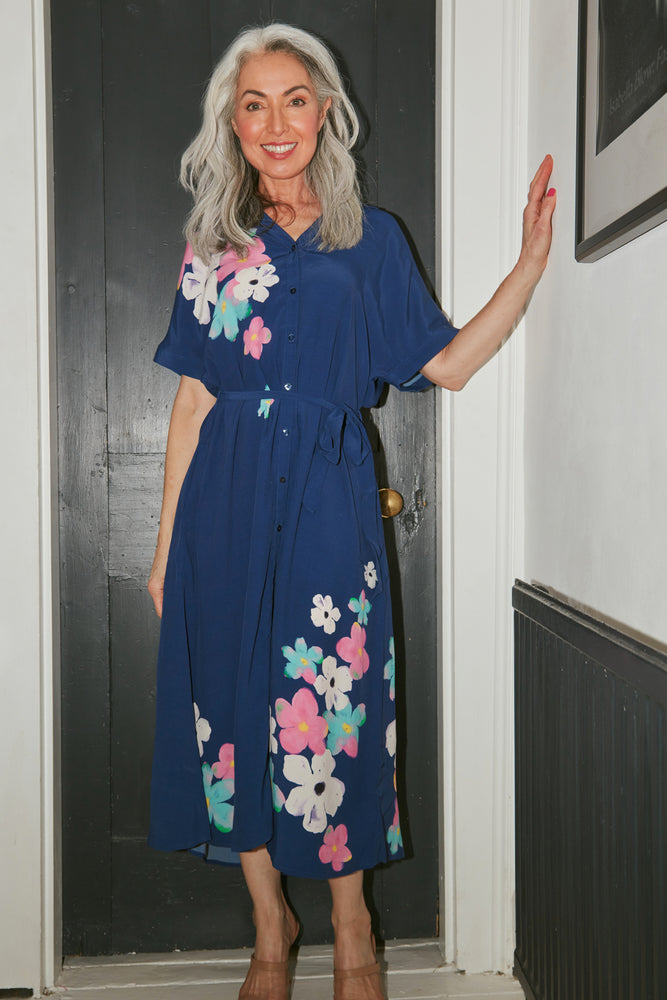 POM Amsterdam Ink Blue Blossom Midi Dress