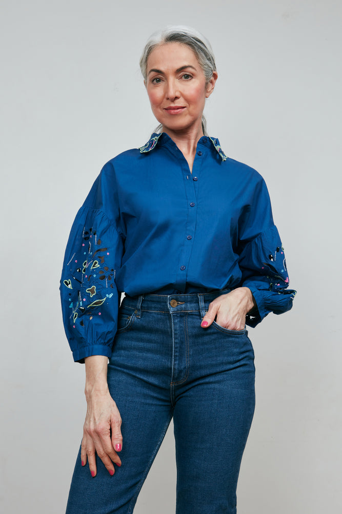 POM Amsterdam Embroidery Ink Blue Blouse