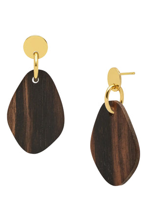 Brown Wood Flat Oval Shaped Gold Earrings