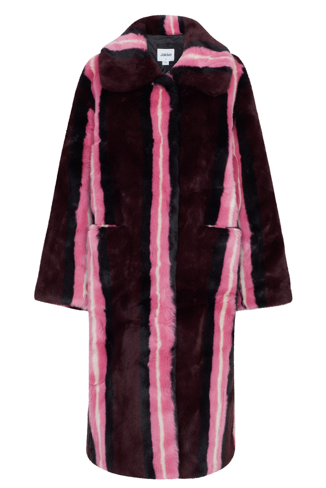 Jakke Kelly Burgundy Stripe Long Faux Fur Coat