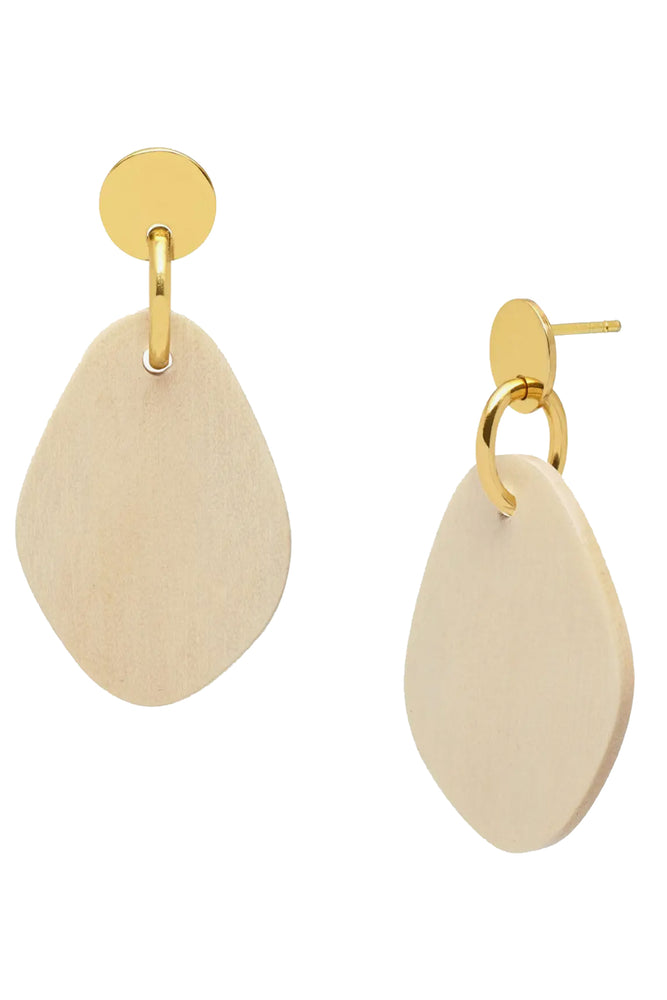 White Wood Flat Oval Shaped Gold Earrings