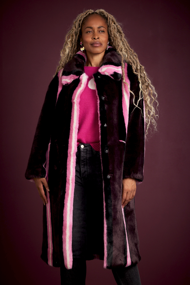 Jakke Kelly Burgundy Stripe Long Faux Fur Coat