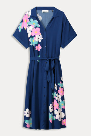 POM Amsterdam Ink Blue Blossom Midi Dress