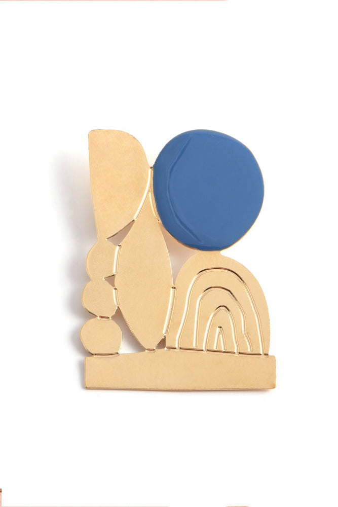 Abstract Blue & Gold Engraved Brooch