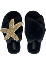Black Fluffy Slippers With Gold & Pearl Starfish