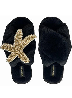 
                
                    Load image into Gallery viewer, Black Fluffy Slippers With Gold &amp;amp; Pearl Starfish - Laines London at The Bias Cut
                
            