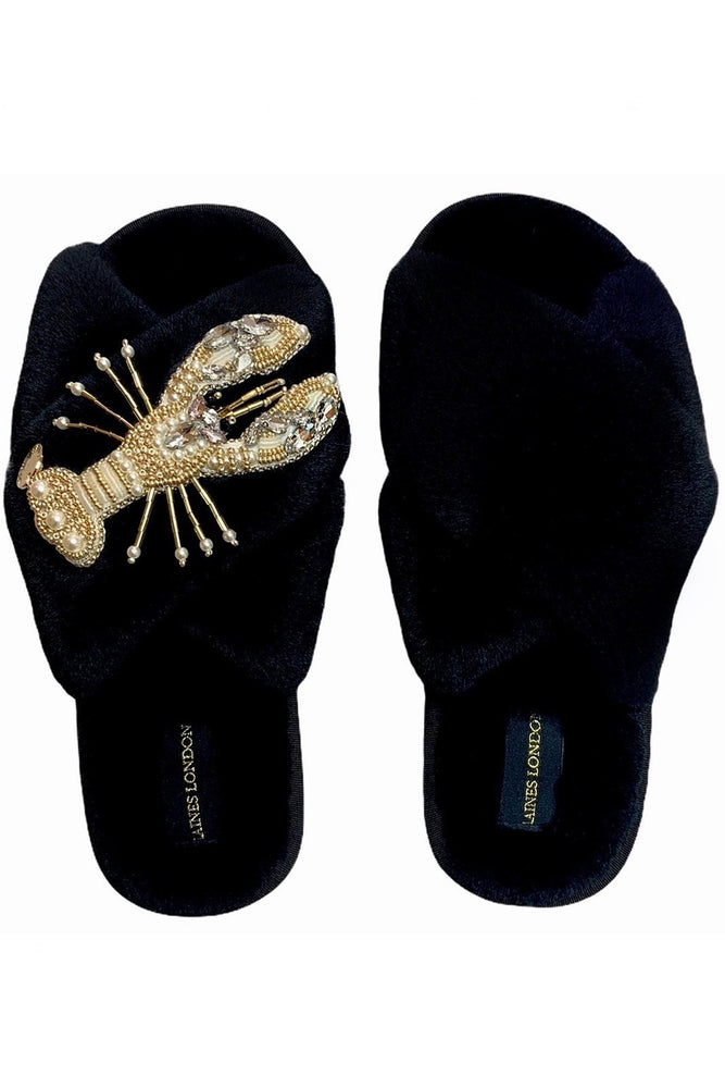 
                
                    Load image into Gallery viewer, Black Fluffy Slippers With Pearl &amp;amp; Gold Lobster - Laines London at The Bias Cut
                
            
