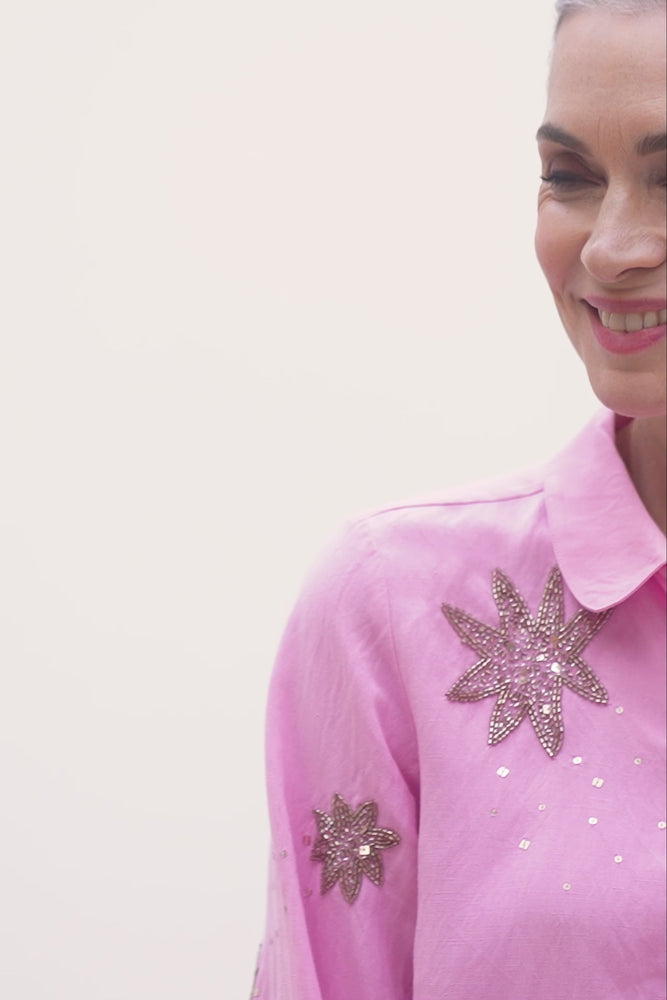 
                
                    Load and play video in Gallery viewer, Fabienne Chapot Fleur Embellished Pink Blouse
                
            