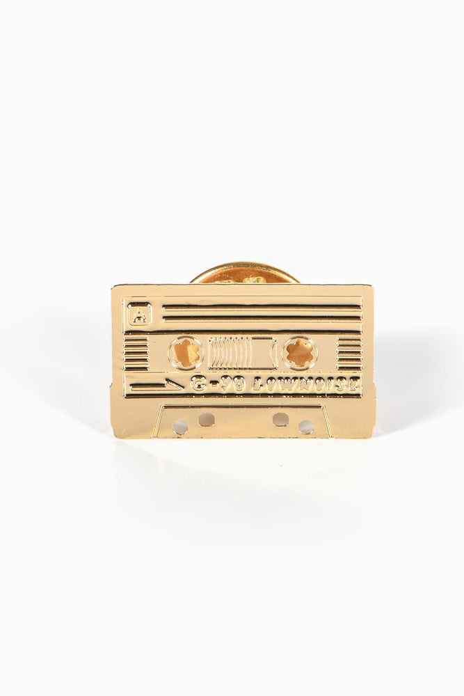 
                
                    Load image into Gallery viewer, Gold Engraved Music Cassette Tape Shaped Pin - Titlee at The Bias Cut
                
            