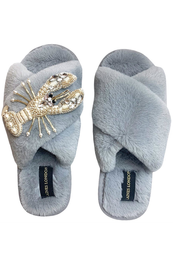 
                
                    Load image into Gallery viewer, Grey Fluffy Slippers With Pearl &amp;amp; Gold Lobster - Laines London at The Bias Cut
                
            