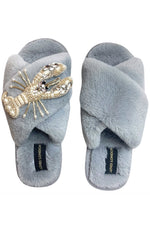Grey Fluffy Slippers With Pearl & Gold Lobster