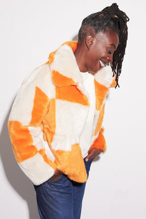 Jakke Traci Orange Checkerboard Faux Fur Jacket – The Bias