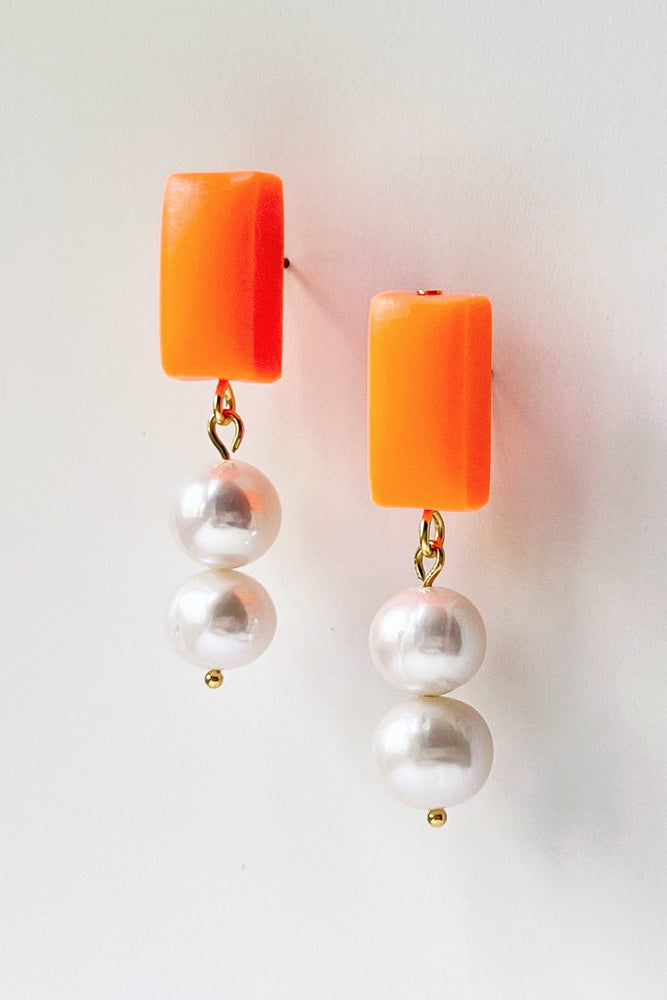 
                
                    Load image into Gallery viewer, Lila Pearl Neon Orange Earrings - Hattie Buzzard at The Bias Cut
                
            