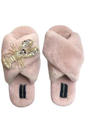 Pink Fluffy Slippers With Pearl & Gold Lobster - Laines London at The Bias Cut