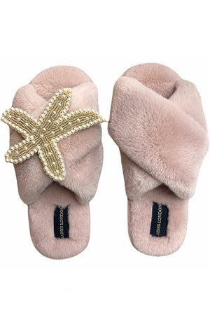 Pink Fluffy Slippers With Pearl & Gold Starfish - Laines London at The Bias Cut