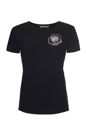 
                
                    Load image into Gallery viewer, Rose Embroidered T-Shirt Black - Ingmarson at The Bias Cut
                
            