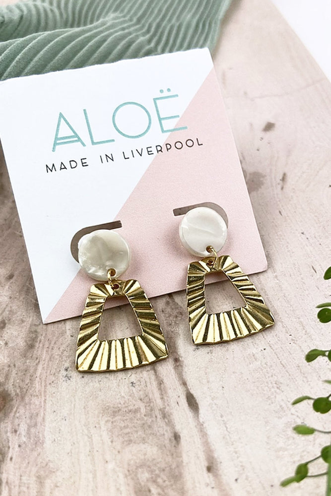 
                
                    Load image into Gallery viewer, White Marble Brass Trapezoid Studs - ALOË at The Bias Cut
                
            