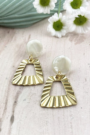 
                
                    Load image into Gallery viewer, White Marble Brass Trapezoid Studs - ALOË at The Bias Cut
                
            